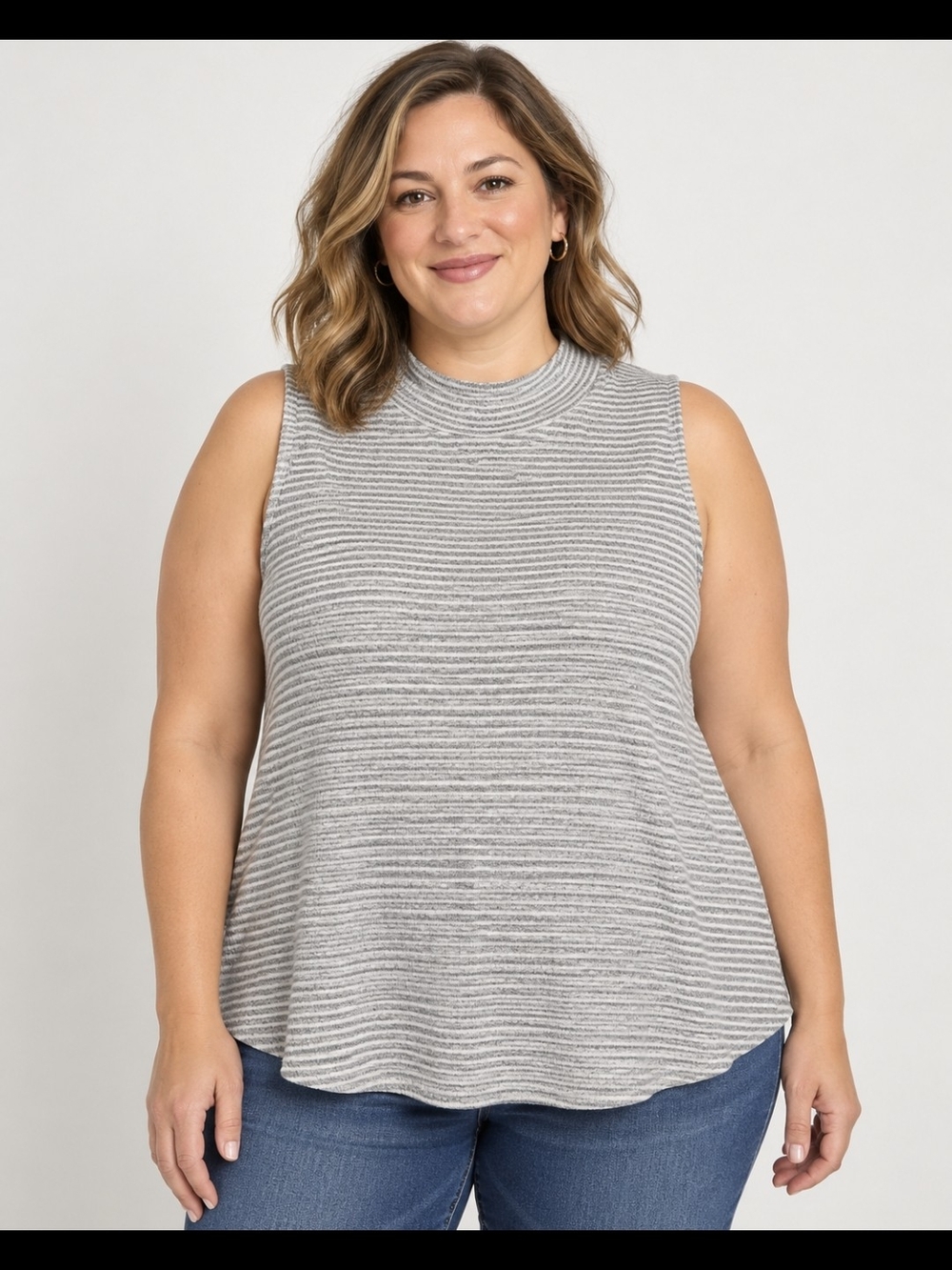 Chico's Gray Striped Sleeveless Mock Neck Tank